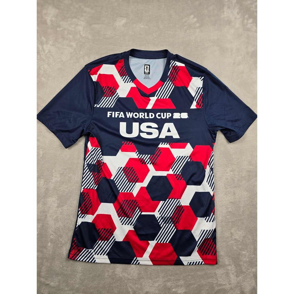FIFA World Cup 26 Soccer Jersey Mens Medium Blue USA Patriotic Graphic V-Neck
